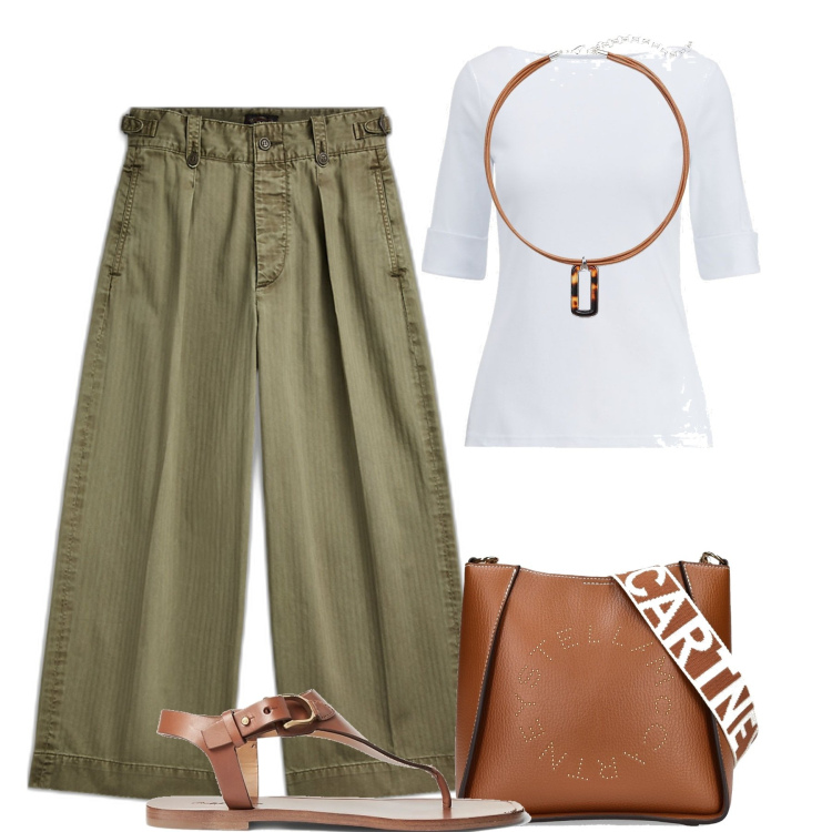 Outfit donna - In città. Stile Casual chic per Tutti i giorni. Abbinamento con pantaloni, t-shirt, ciondoli, infradito, borse a spalla.