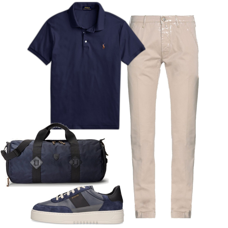 Outfit uomo - Si parte per weekend. Stile Casual per Tutti i giorni. Abbinamento con pantaloni, polo, borse sportive, sneakers.
