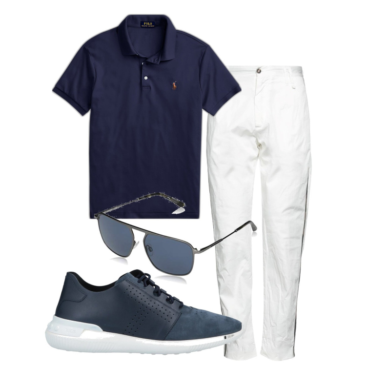 Outfit uomo - Una classica polo blu. Stile Casual per Tutti i giorni. Abbinamento con sneakers, pantaloni, polo, occhiali da sole.