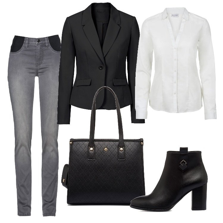 Outfit donna - Total look #1698531. Stile Sporty chic per Ufficio. Abbinamento con jeans, camicie, blazer, stivaletti, borse a spalla.