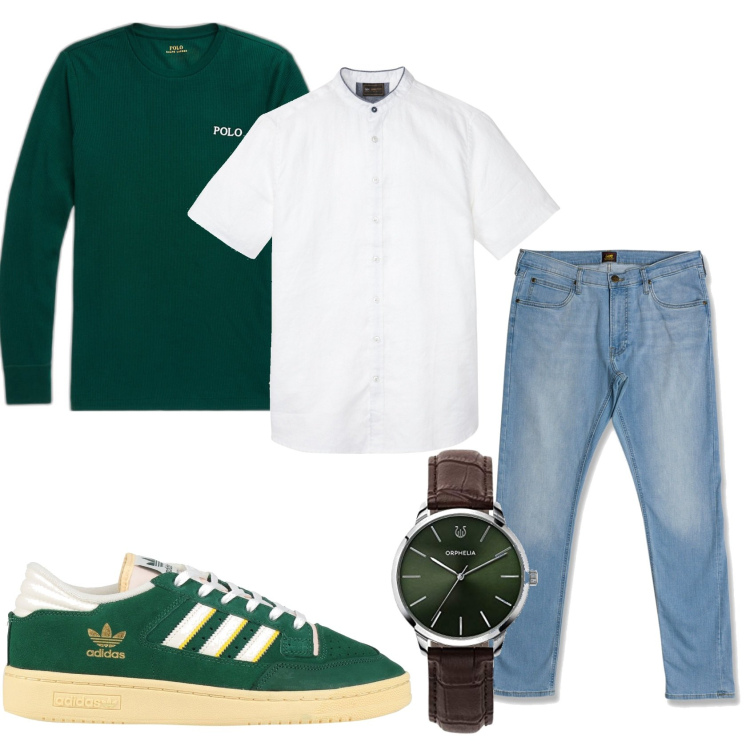 Outfit uomo - La sera di fine estate. Stile Trendy per Tutti i giorni. Abbinamento con camicie a manica corta, sneakers, maglieria, jeans slim fit, orologi.