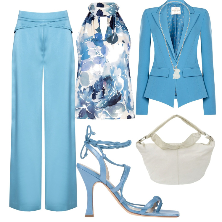 Outfit donna - Colazione di lavoro. Stile Bon Ton per Ufficio. Abbinamento con infradito, borse a spalla, ciondoli, cappotti, pantaloni a palazzo, top.