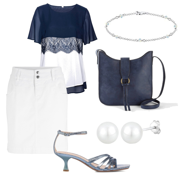 Outfit donna - In ufficio. Stile Casual chic per Ufficio. look ideale per Tall. Abbinamento con minigonne, tuniche, borse a tracolla, sandali in pelle, braccialetti, orecchini.