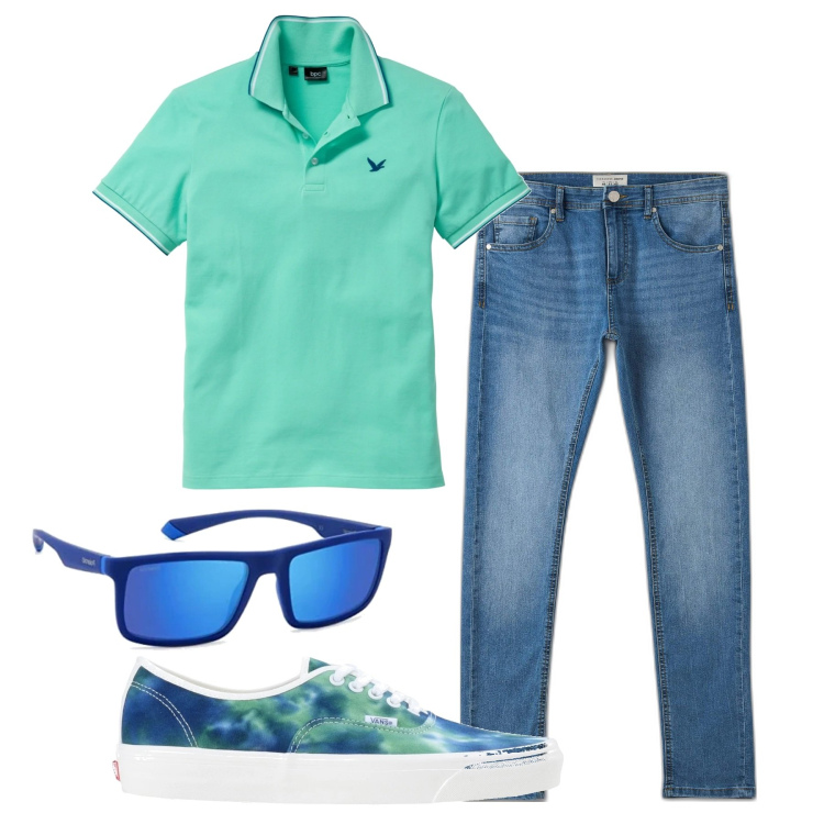 Outfit uomo - Colori freschi. Stile Casual per Tutti i giorni. Abbinamento con polo, sneakers, jeans skinny, occhiali da sole.
