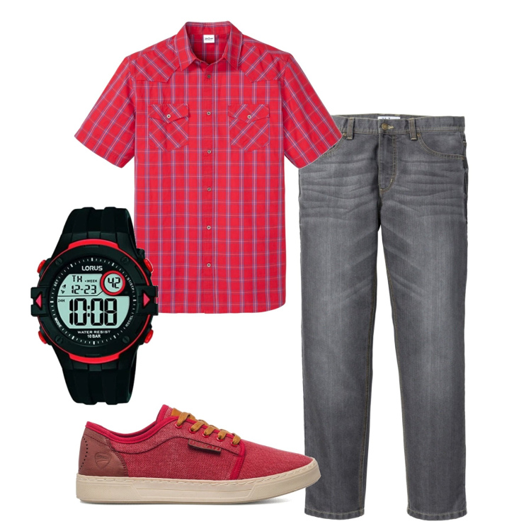 Outfit uomo - Rosso settembre. Stile Casual per Tutti i giorni. Abbinamento con jeans dritti, camicie a manica corta, sneakers, orologi digitali.