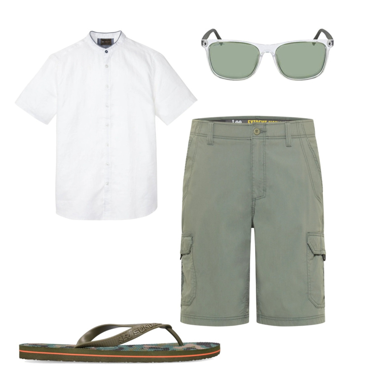 Outfit uomo - Due passi prima di cena. Stile Casual per Mare. Abbinamento con camicie a manica corta, shorts, sandali, occhiali da sole.