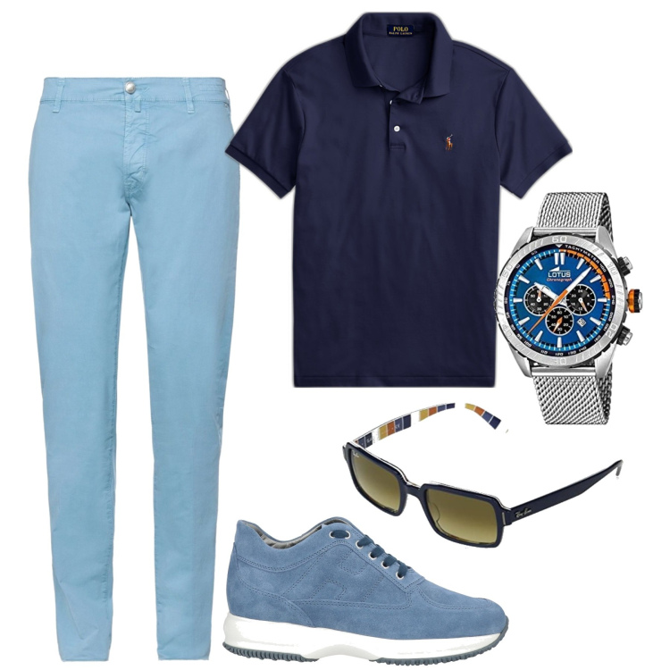Outfit uomo - La polo blu. Stile Casual per Tutti i giorni. Abbinamento con pantaloni, sneakers, polo, orologi analogici, occhiali da sole.