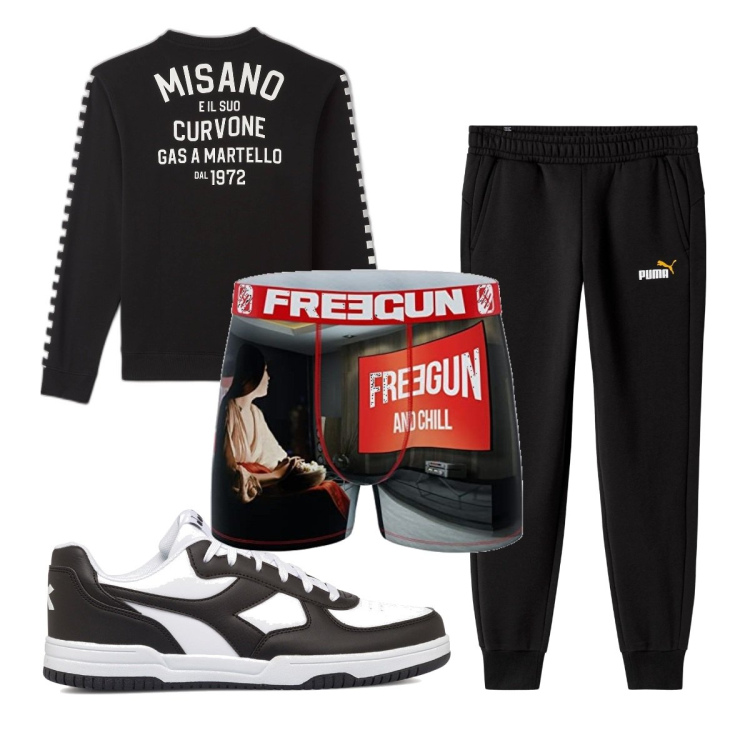 Outfit uomo - Total look #1698652. Stile Trendy per Sport. Abbinamento con felpe, pantaloni, sneakers, boxer.