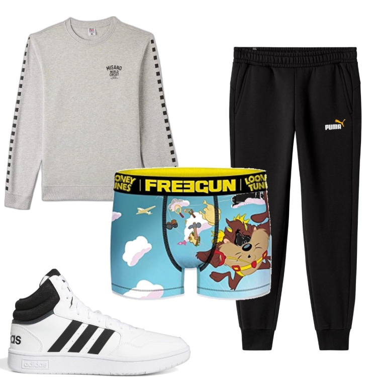 Outfit uomo - Total look #1698657. Stile Trendy per Sport. Abbinamento con felpe, pantaloni, sneakers alte, boxer.