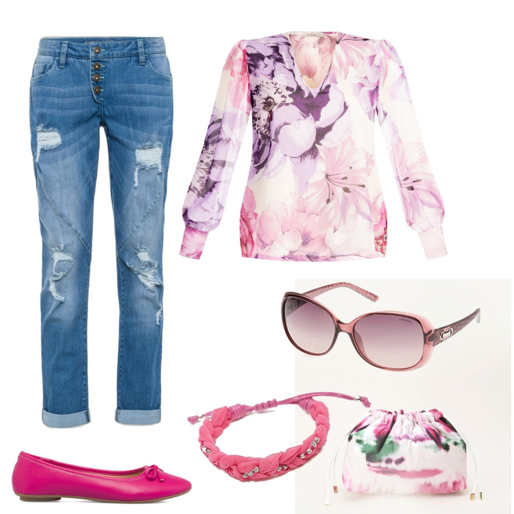 Outfit donna - A fiori. Stile Casual per Tutti i giorni. Abbinamento con jeans boyfriend, bluse, pochette, ballerine, braccialetti, occhiali da sole.