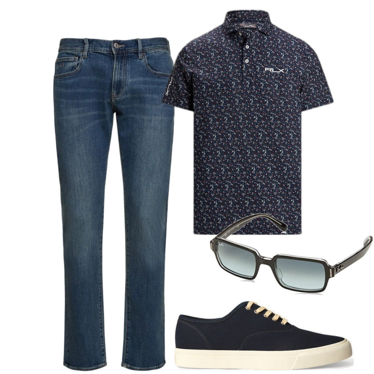 Outfit uomo - In ufficio. Stile Casual per Ufficio. Abbinamento con sneakers, polo, occhiali da sole, jeans slim fit.