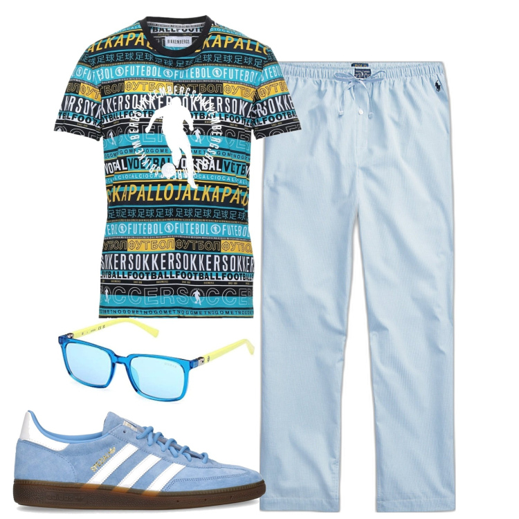 Outfit uomo - Sporty. Stile Casual per Tutti i giorni. Abbinamento con t-shirt, pantaloni, occhiali da sole, sneakers.