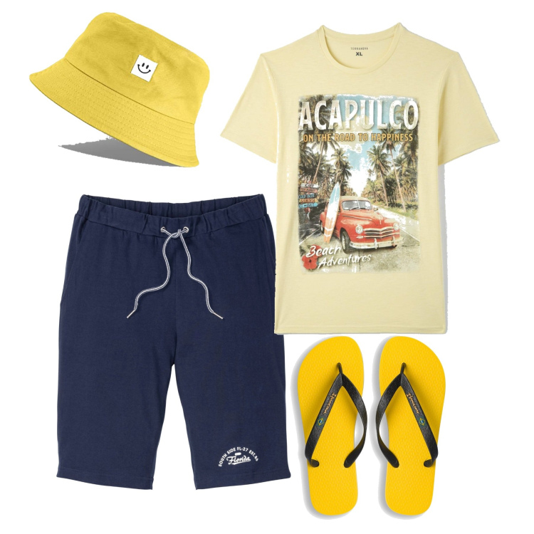 Outfit uomo - In vacanza. Stile Casual per Tutti i giorni. Abbinamento con bermuda, t-shirt, sandali, cappelli con visiera.