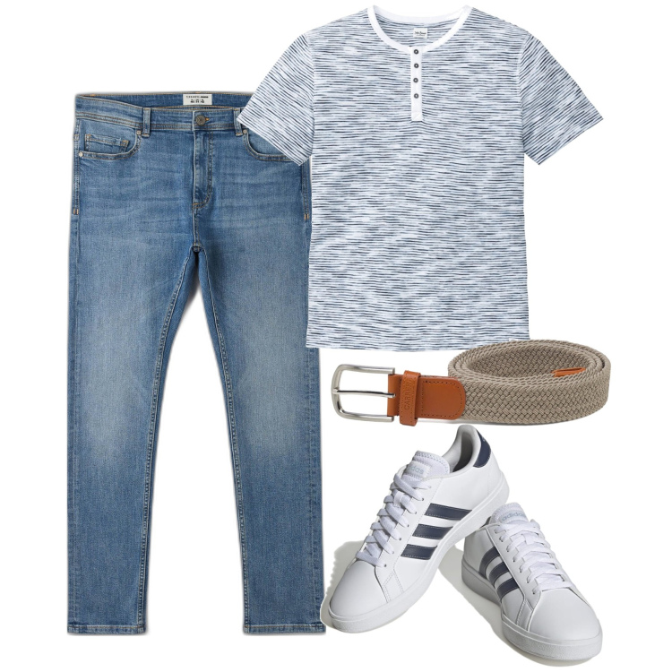 Outfit uomo - Daily. Stile Casual per Tutti i giorni. Abbinamento con maglieria, jeans skinny, cinture, sneakers.