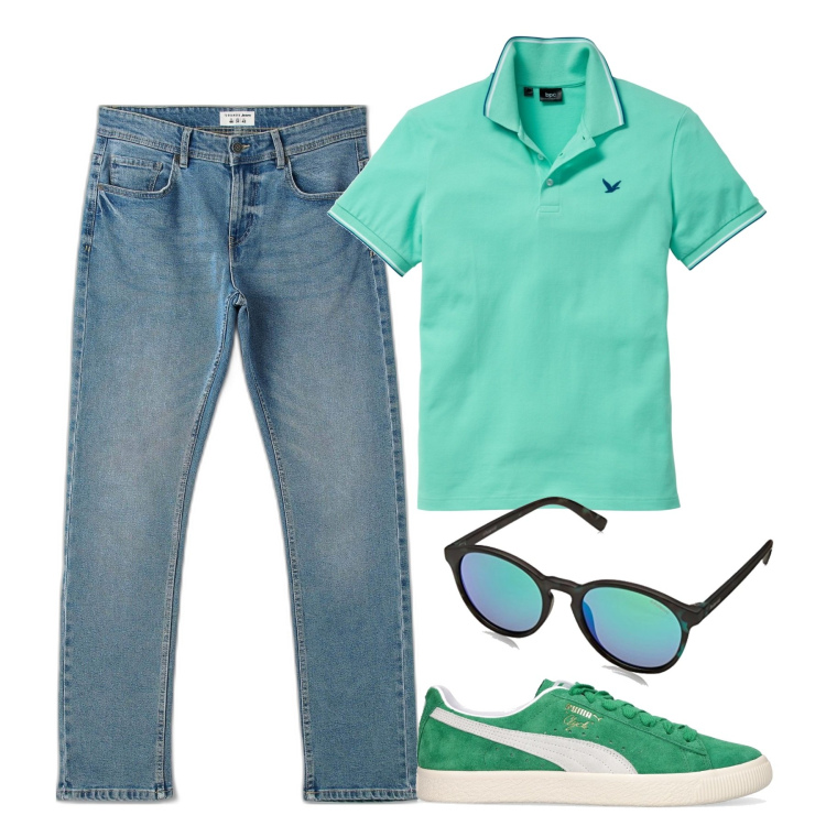Outfit uomo - La polo verde. Stile Casual per Tutti i giorni. Abbinamento con polo, jeans, occhiali da sole, sneakers.