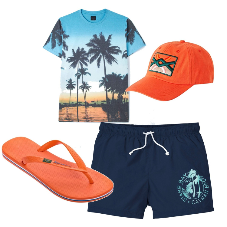 Outfit uomo - Mare. Stile Casual per Mare. Abbinamento con pantaloni corti, t-shirt, sandali, cappelli con visiera.