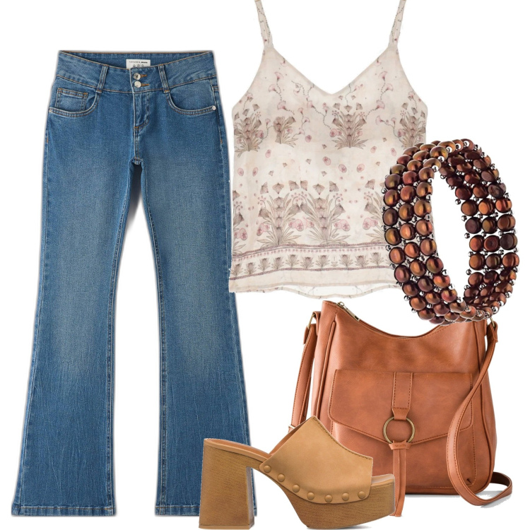 Outfit donna - Total look #1698736. Stile 70s per Tutti i giorni. Abbinamento con borse a tracolla, jeans a zampa, canottiere, sandali in pelle, braccialetti.