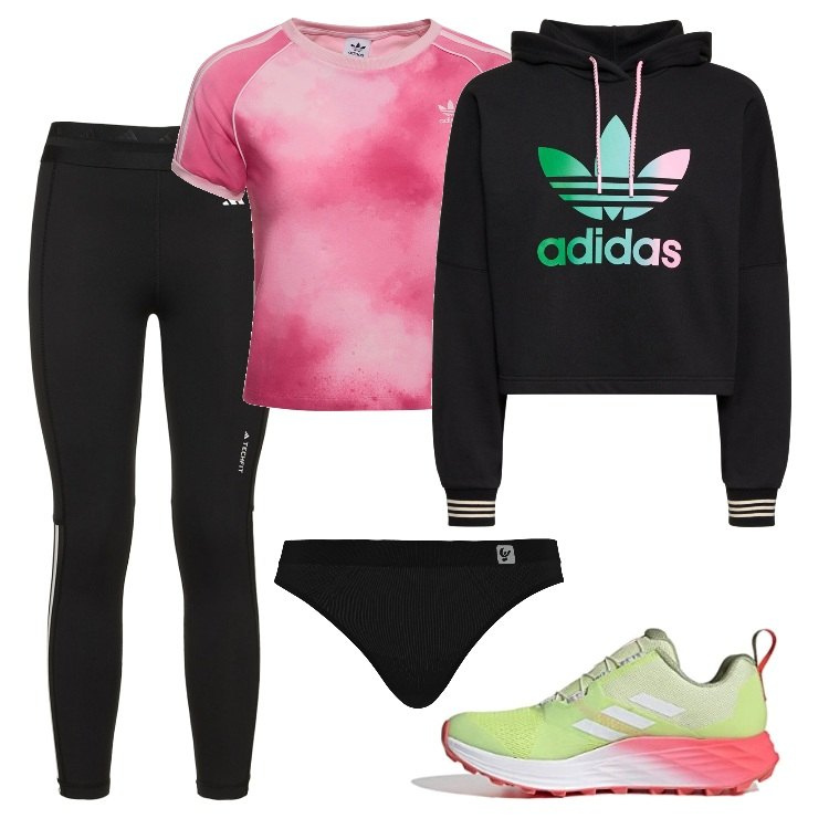 Outfit donna - Trail Running. Stile Basic per Sport. Abbinamento con perizomi, felpe con cappuccio, scarpe sportive, t-shirt, leggings.