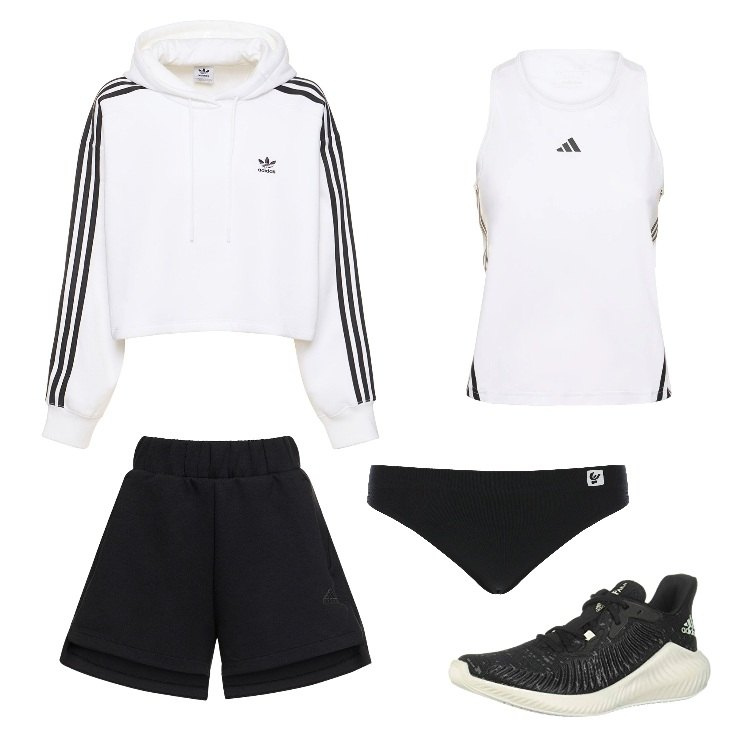 Outfit donna - Allenamento. Stile Basic per Sport. Abbinamento con slip, scarpe sportive, felpe con cappuccio, canottiere, shorts.
