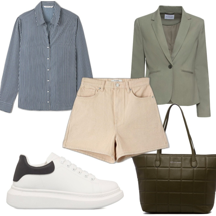 Outfit donna - Total look #1698804. Stile Trendy per Tutti i giorni. Abbinamento con blazer, shorts, camicie, borse a spalla, sneakers.