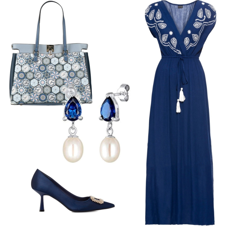 Outfit donna - Blu elegance. Stile Chic per Cerimonia. Abbinamento con vestiti lunghi, borse a mano, décolleté, orecchini.