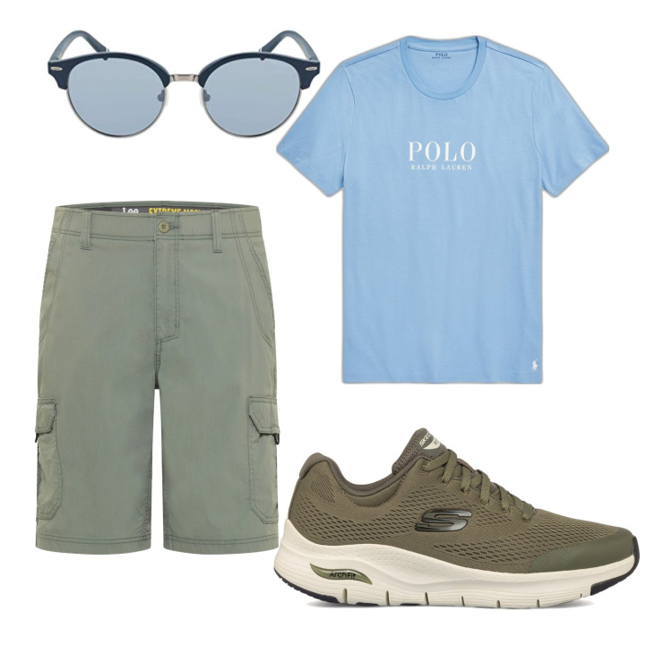 Outfit uomo - Semplice e comodo. Stile Casual per Tutti i giorni. Abbinamento con t-shirt, sneakers, shorts, occhiali da sole.