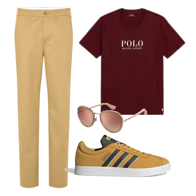 Outfit uomo - Giallorosso. Stile Casual per Tutti i giorni. Abbinamento con t-shirt, pantaloni chino, sneakers, occhiali da sole.