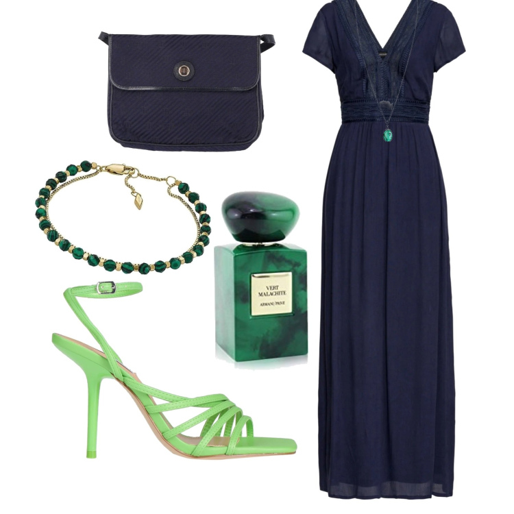 Outfit donna - Blu e verde in lungo. Stile Casual chic per Serata fuori. Abbinamento con vestiti lunghi, sandali col tacco, borse a spalla, profumi, ciondoli, braccialetti.