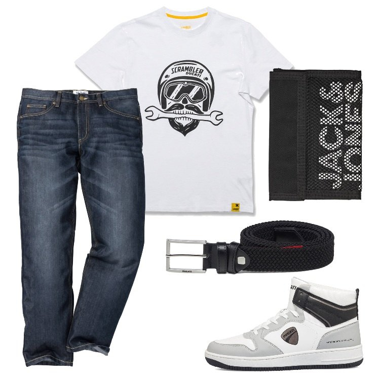 Outfit uomo - Al bar sottocasa. Stile Urban per Tutti i giorni. Abbinamento con jeans dritti, sneakers alte, t-shirt, cinture, portafogli.