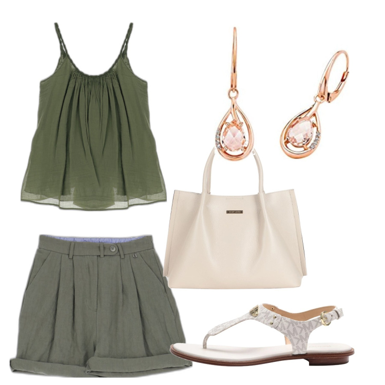 Outfit donna - Fa caldissimo. Stile Casual per Tutti i giorni. Abbinamento con infradito, borse a mano, top, bermuda, orecchini.