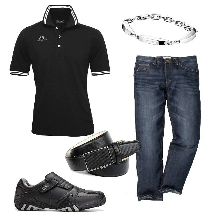 Outfit uomo - Cinema all\'aperto. Stile Trendy per Serata speciale. Abbinamento con jeans dritti, scarpe stringate, polo, cinture, braccialetti.