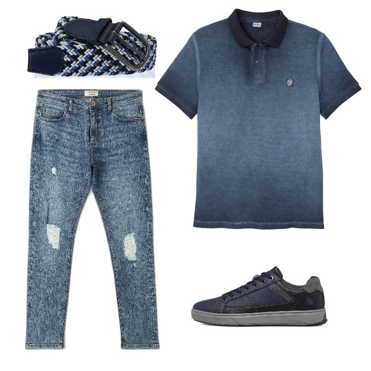 Outfit uomo - In giro per sagre. Stile Casual per Serata speciale. Abbinamento con polo, jeans strappati, sneakers, cinture.