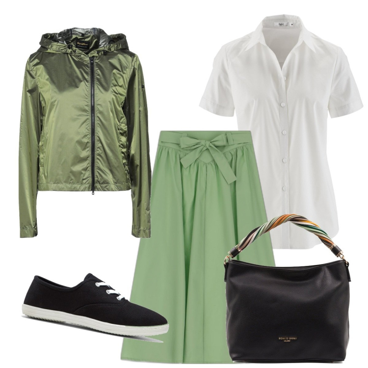 Outfit donna - Sneakers stilosa. Stile Basic per Tutti i giorni. Abbinamento con camicie a manica corta, sneakers, giacche, borse a spalla, gonne longuette.