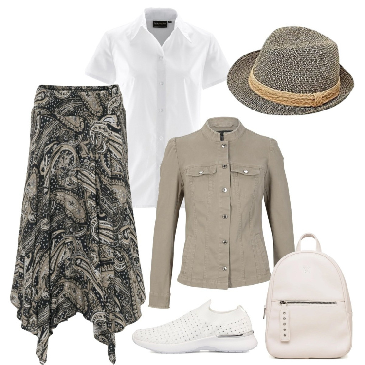 Outfit donna - In una giornata di pioggia. Stile Casual per Tutti i giorni. Abbinamento con gonne longuette, camicie a manica corta, blazer, sneakers, zaini, berretti.