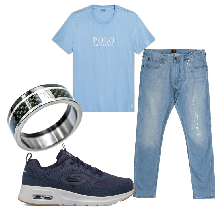 Outfit uomo - Al bar. Stile Casual per Tutti i giorni. Abbinamento con t-shirt, jeans slim fit, sneakers, anelli.