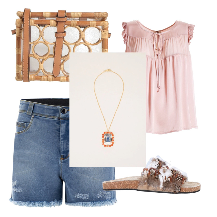 Outfit donna - Una serata relax. Stile Casual per Mare. Abbinamento con borse a tracolla, sandali in pelle, bluse, shorts, ciondoli.