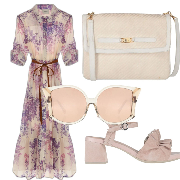 Outfit donna - Spring. Stile Bon Ton per Tutti i giorni. Abbinamento con sandali in pelle, borse a tracolla, occhiali da sole, vestiti midi/longuette.