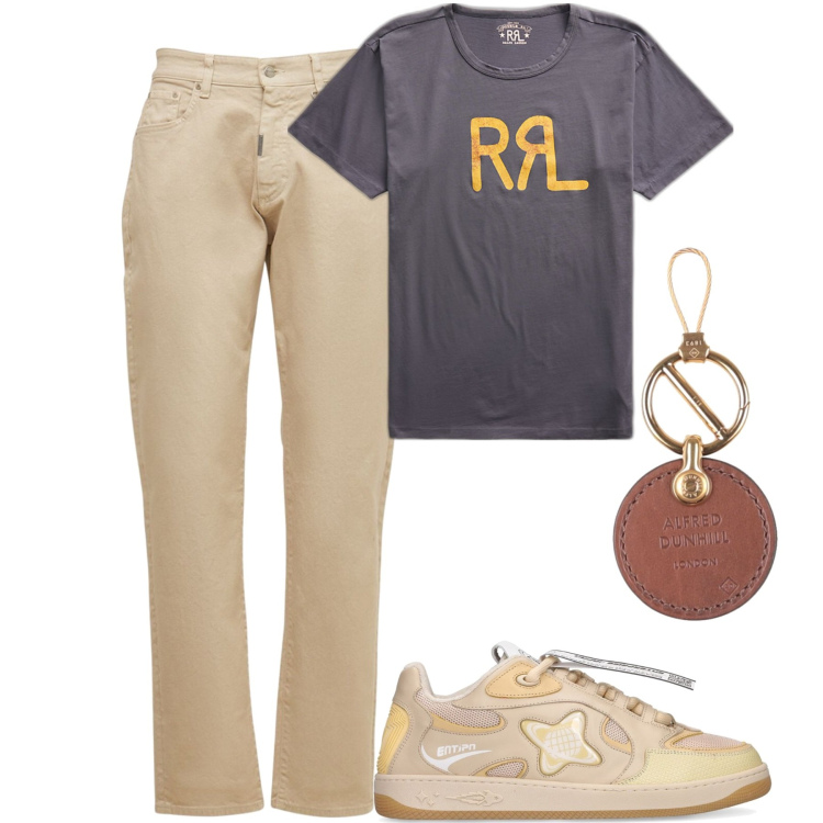 Outfit uomo - I jeans beige. Stile Casual per Tutti i giorni. Abbinamento con portachiavi, t-shirt, jeans, sneakers.