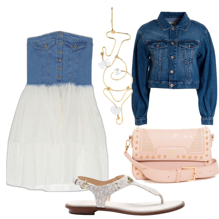 Outfit donna - Total look #1699286. Stile Trendy per Serata fuori. Abbinamento con infradito, orecchini, giacche, borse a spalla, vestiti corti.