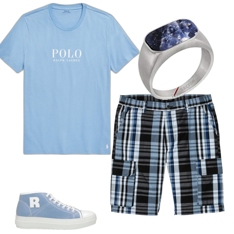 Outfit uomo - Azul. Stile Casual per Tutti i giorni. Abbinamento con bermuda, sneakers, t-shirt, anelli.