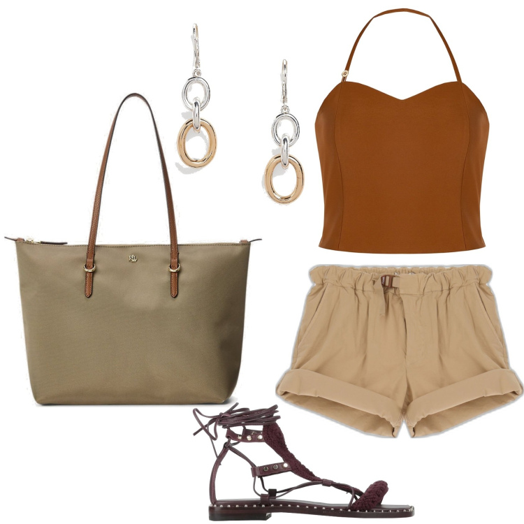 Outfit donna - Urban Safari. Stile Basic per Tutti i giorni. Abbinamento con sandali in pelle, shorts, top, borse tote, orecchini.