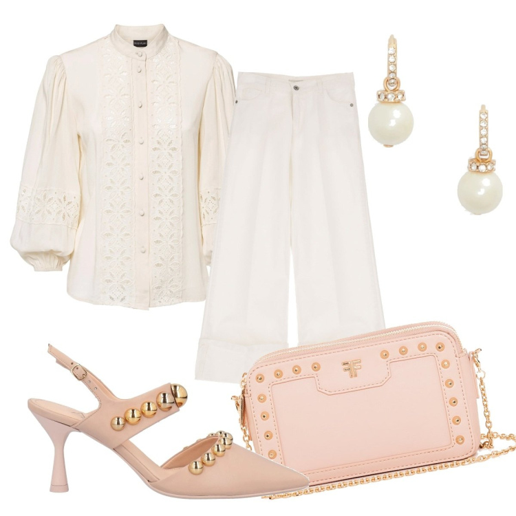 Outfit donna - Outfit colazione bon ton. Stile Bon Ton per Tutti i giorni. Abbinamento con camicie, décolleté, borse a spalla, pantaloni a palazzo, orecchini.