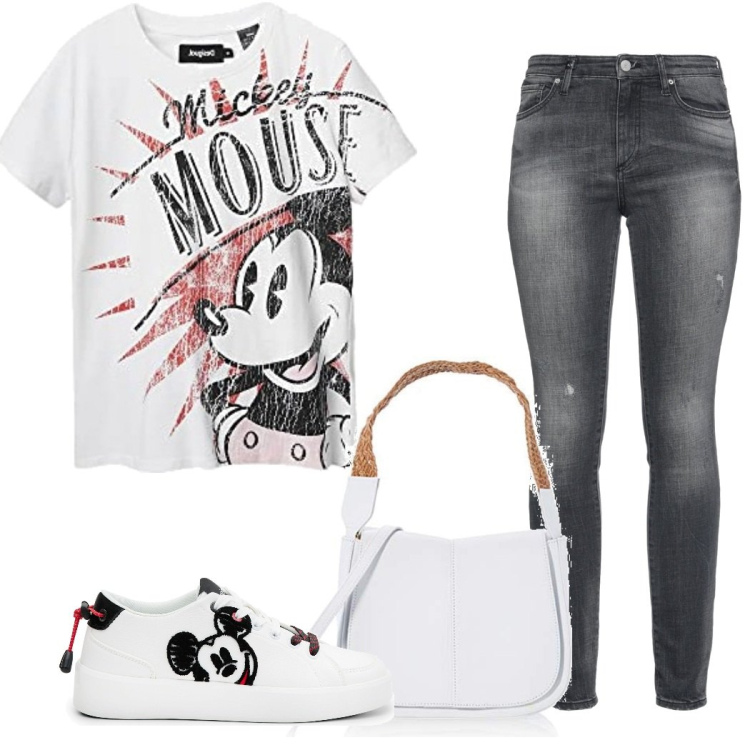 Outfit mujer - Basic #11703. Estilo Basic para Todos los días. Combinación con bolsos de mano, camiseta, sneakers, vaqueros slim fit.
