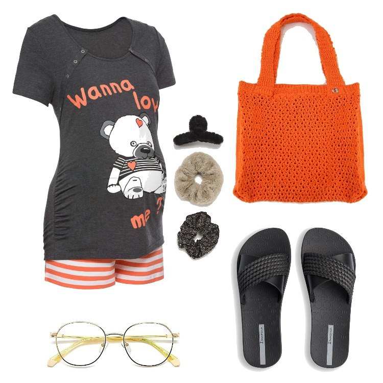 Outfit donna - In pigiama in dolce attesa. Stile Trendy per Tutti i giorni. look ideale per Premaman. Abbinamento con pigiama, accessori per capelli, shopping bag, ciabatte, occhiali da sole.