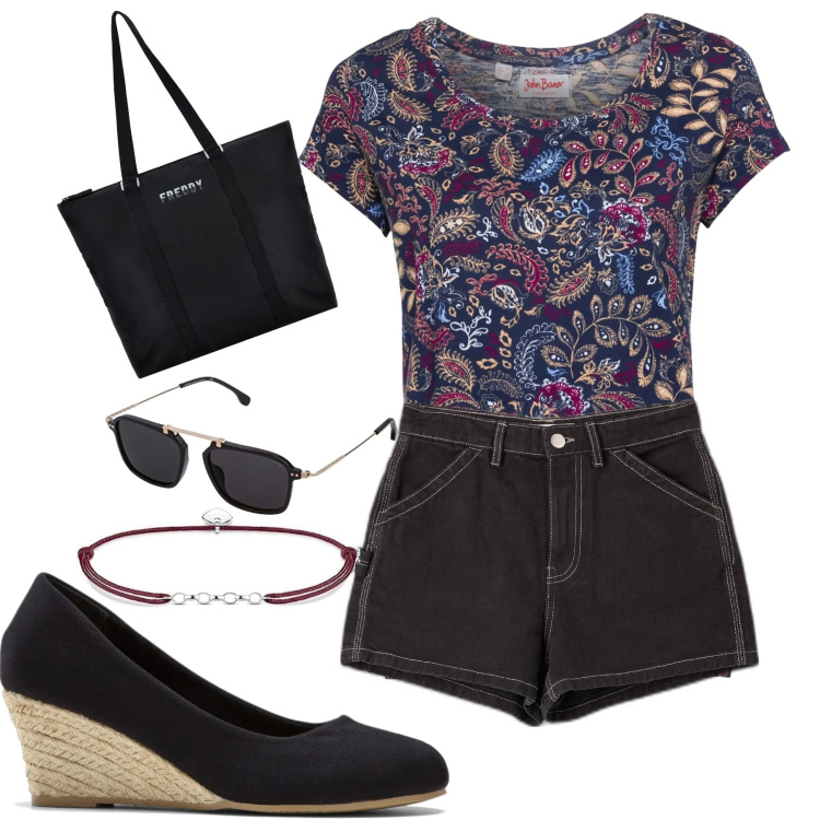 Outfit donna - T-shirt con protozoi. Stile Basic per Tutti i giorni. Abbinamento con t-shirt, décolleté, shorts, borse tote, occhiali da sole, braccialetti.