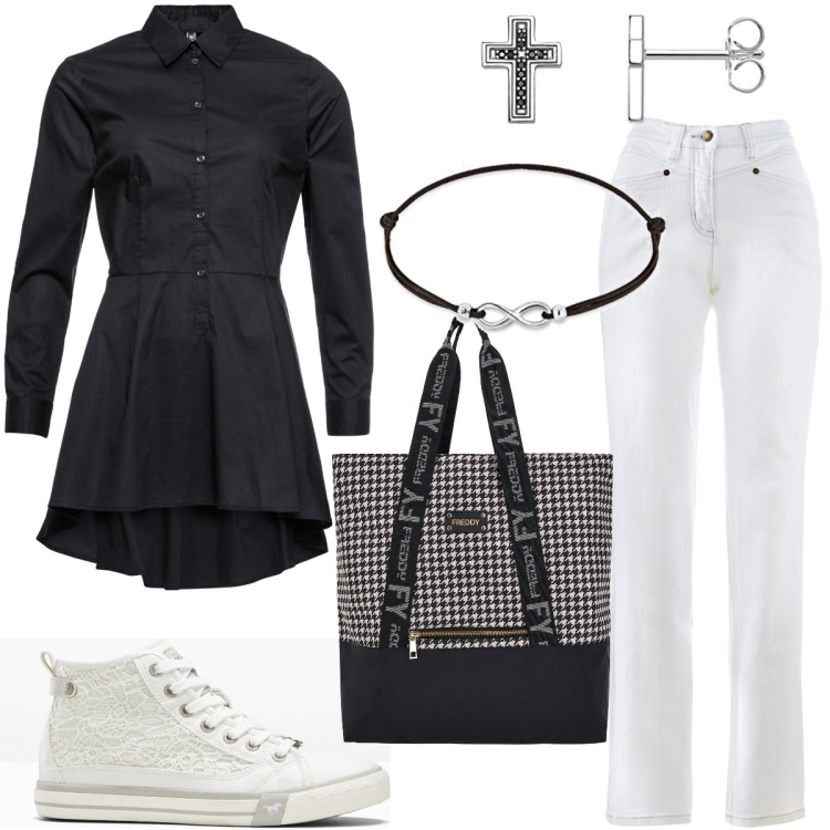 Outfit donna - Total look #1699463. Stile Urban per Tutti i giorni. Abbinamento con camicie, jeans dritti, sneakers, borse tote, braccialetti, orecchini.