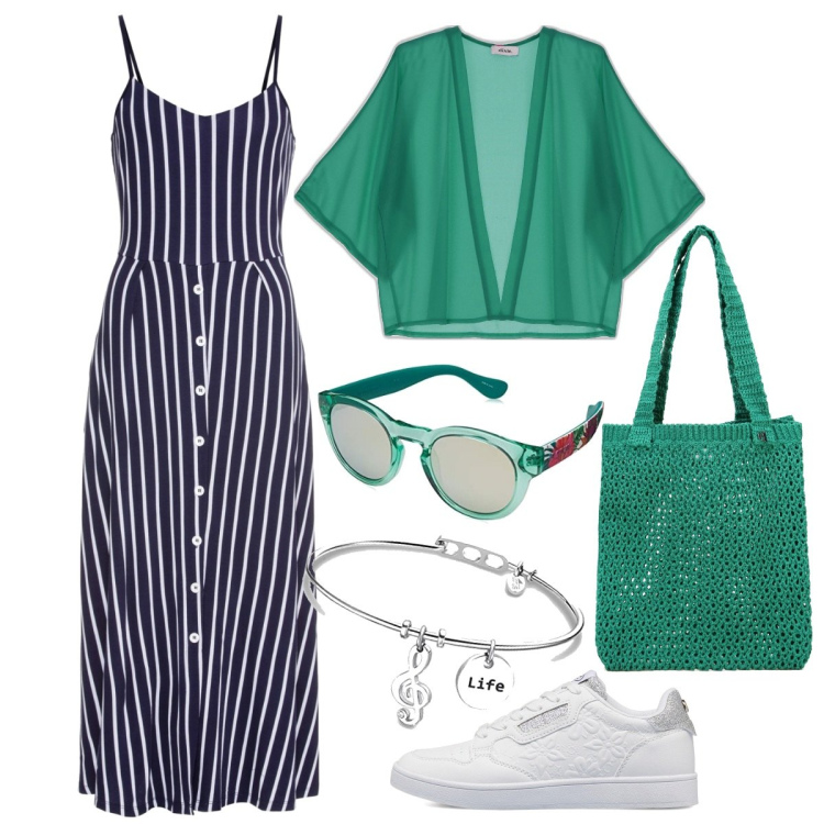 Outfit donna - Verde Smeraldo. Stile Casual per Tutti i giorni. Abbinamento con vestiti midi/longuette, sneakers, cardigans, shopping bag, occhiali da sole, braccialetti.