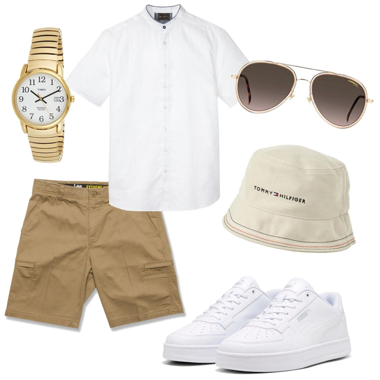 Outfit uomo - Buongiorno!. Stile Trendy per Tutti i giorni. Abbinamento con camicie a manica corta, shorts, sneakers, occhiali da sole, cappelli, orologi analogici.