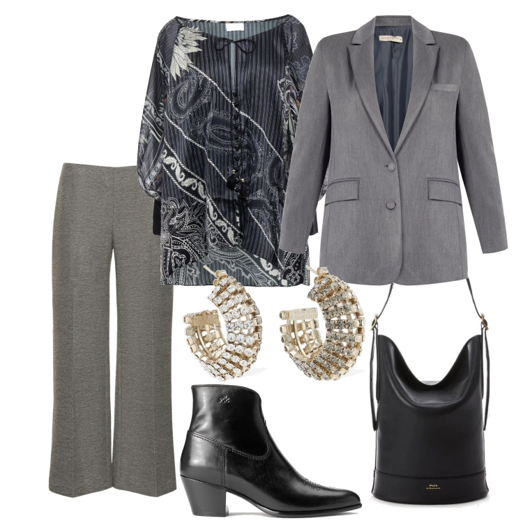 Outfit donna - La giornata grigia. Stile Casual chic per Ufficio. Abbinamento con camicie, cappotti, borse a secchiello, stivali, pantaloni, orecchini.