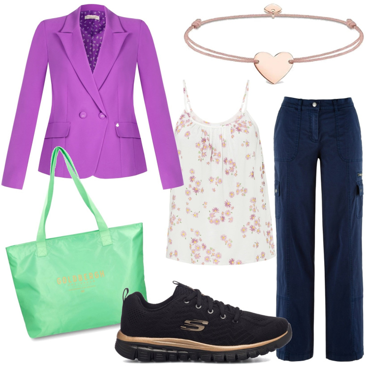 Outfit donna - Colore sotto la pioggia. Stile Casual chic per Ufficio. Abbinamento con pantaloni cargo, top, blazer, sneakers, braccialetti, shopping bag.
